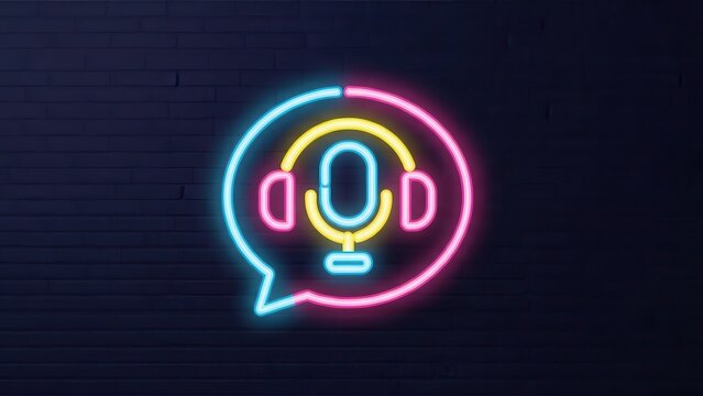 Vibrant neon microphone and headphone icon glowing within a speech bubble on a dark brick wall