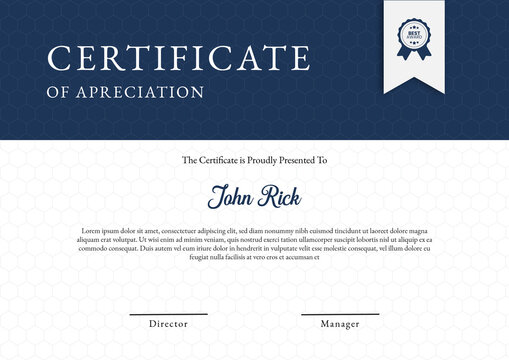 Professional certificate of appreciation template featuring a navy blue header with a hexagonal pattern, a blue award seal ribbon, and text placeholders on a white background.