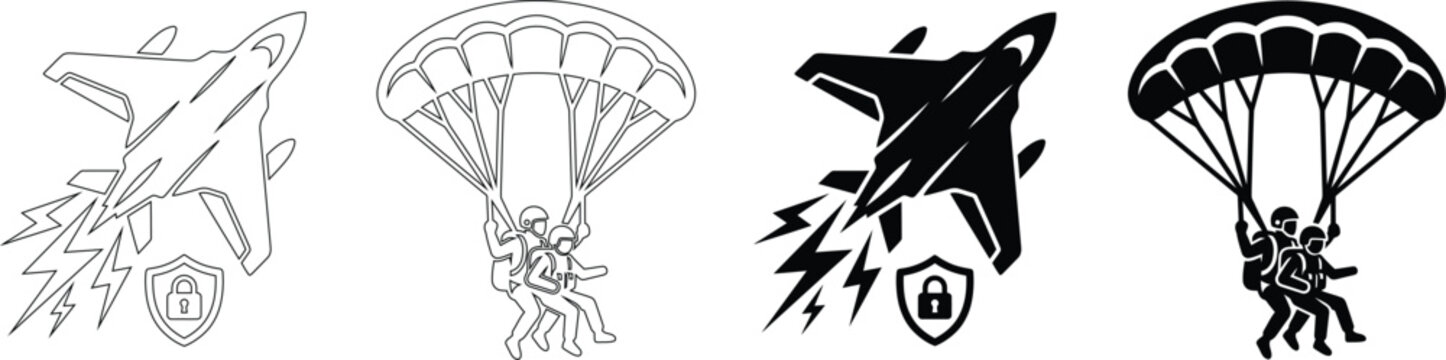 Professional Jet Fighter with Security Shield and Military Paratrooper Tandem Jump Vector Icons