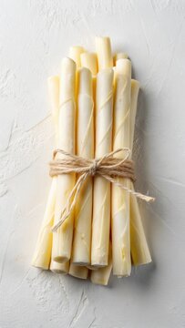 A photo of a set of string cheese sticks on a pristine white background, top view, clean, fresh, dairy product, snack, appetizer, hygiene, packaging,