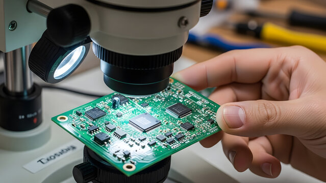 Technician inspecting a printed circuit board under a laboratory microscope.
