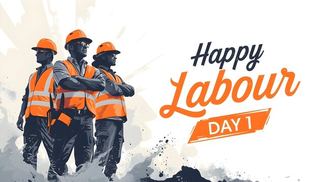Happy labour day illustration featuring a group of construction workers in safety gear and hard hats standing together, professional labor celebration concept