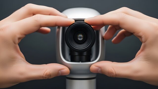 Hands adjusting the lens of a modern robotic camera device.