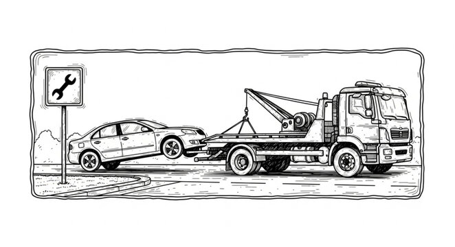 Tow truck transporting damaged sedan on flatbed for recovery.