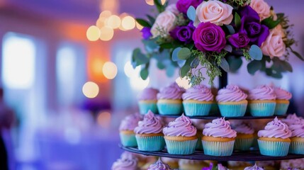 Fototapeta premium An alternative to a traditional cake that makes a huge visual impact. Hundreds of perfectly frosted cupcakes in coordinated colors