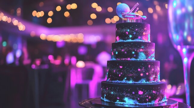 A jaw-dropping, otherworldly cake that looks like a slice of the cosmos. A tall, five-tier cake is covered in black fondant airbrushed with deep blues, purples, and pinks