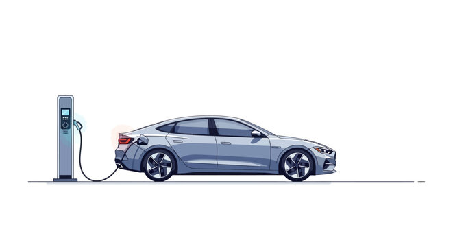 Electric car charging at station on white background illustration