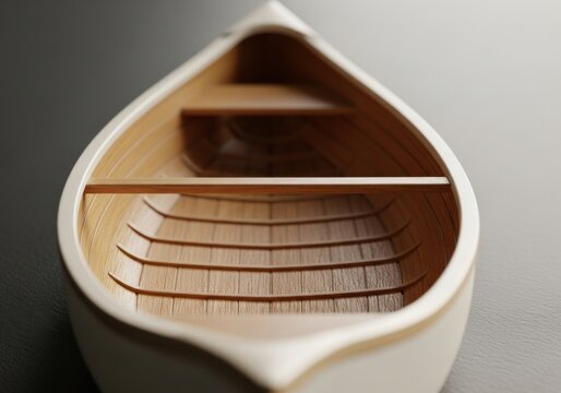 Wooden canoe model resting on neutral surface, minimalist craftsmanship for travel and outdoor hobby concepts