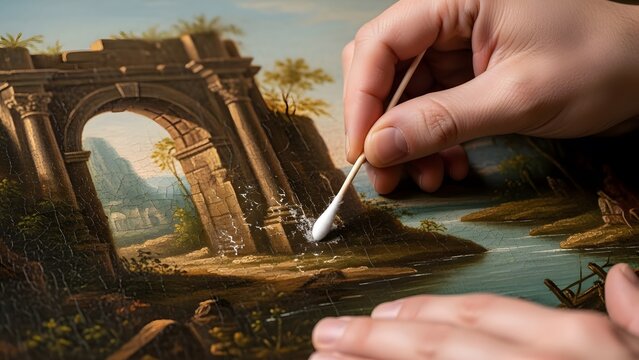 Professional Art Restorer Cleaning Antique Oil Painting.