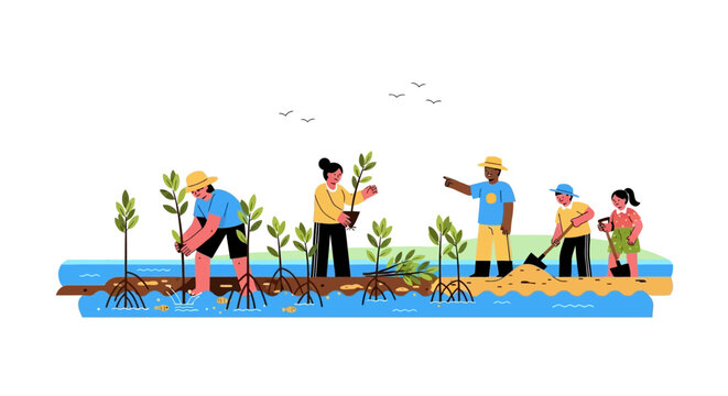 Group of diverse people planting trees in a community effort