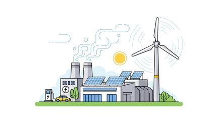 Fototapeta premium Eco-friendly power plant with solar panels and wind turbine