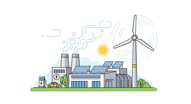 Eco-friendly power plant with solar panels and wind turbine