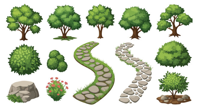 Set of 14 Cartoon Green Trees, Bushes, and Stone Paths Vector Elements
