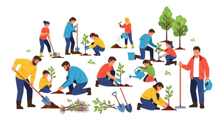 Fototapeta premium Group of People Planting Trees in a Community Garden