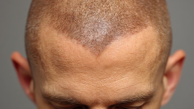 Close-up of a man"s scalp showing a hair transplant area with newly implanted hair follicles and a distinct hairline shape.