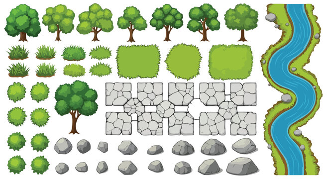 Top-down view of cartoon green trees, bushes, river, and rocks vector set