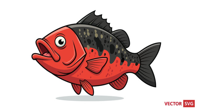 Cartoon Red Fish with Black Spots, Open Mouth, Vector Illustration