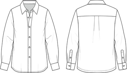 Technical fashion flat sketch vector illustration of a classic long sleeve button down shirt showing both front and back views © BIPUL