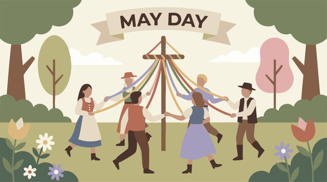 May Day festival illustration with people dancing around a traditional maypole