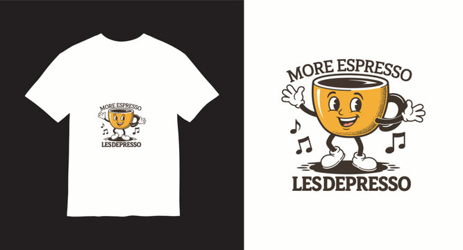 Cute coffee cup character dancing to music with the phrase more espresso less depresso.