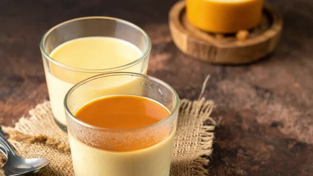 Delicious caramel panna cotta dessert in glasses on rustic table