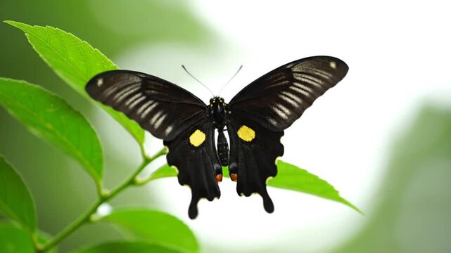 Black butterfly on green leaf. (1)