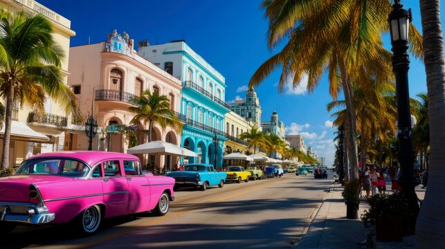 A vibrant street scene in a tropical city like Havana or Miami's Art Deco district