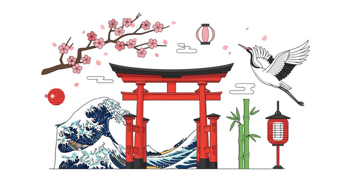 Japanese Culture Elements: Torii Gate, Crane, Cherry Blossoms, Wave, Bamboo