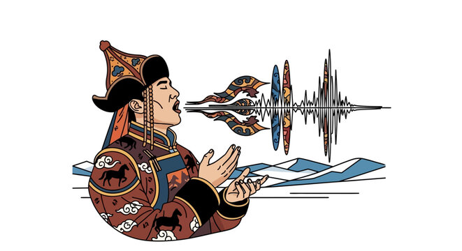 Mongolian Man Singing Overtone, Sound Wave Visualization, Traditional Costume, Nature Background