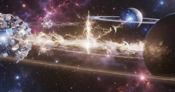 Cosmic scene depicting planets, rings, and a vibrant nebula with swirling energy in space