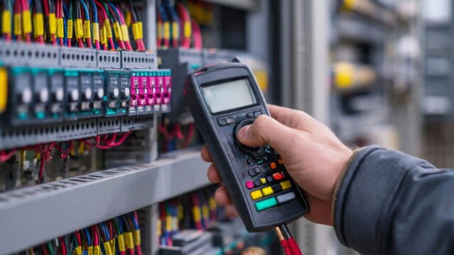Technician testing electrical control panel with digital multimeter