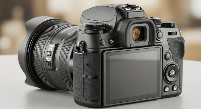 Professional digital SLR camera with lens isolated on a clean background for photography equipment concept