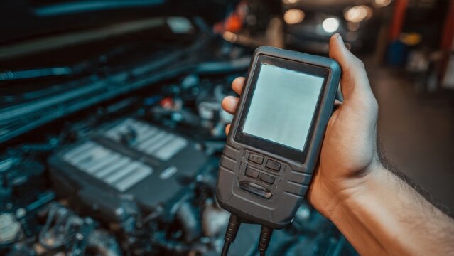 Mechanic Holding Automotive Diagnostic Scanner Over Car Engine
