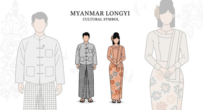 Myanmar Longyi Cultural Attire: Traditional Clothing Illustration