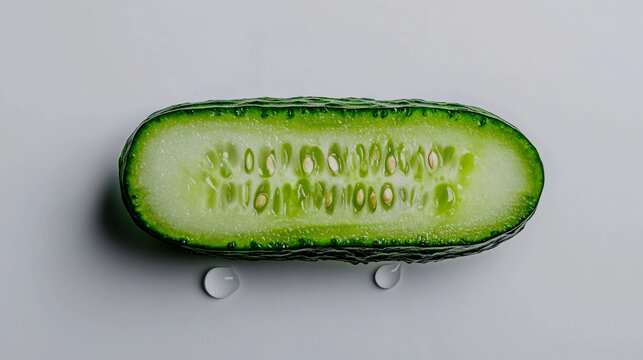 A stunning, high-key macro photograph of a cucumber sliced perfectly in half lengthwise