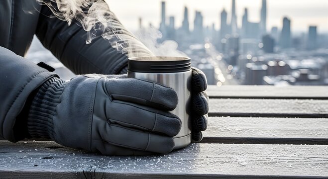 A person in winter clothing holding a hot beverage on a city rooftop