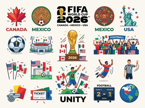 A large collection of diverse sports fans and supporters cheering with flags, banners, and various items for a football festival or World Cup event.