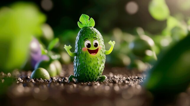 a cucumber with a friendly face, arms, and legs, maybe wearing a leaf as a hat