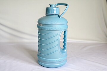 Obraz premium A blue water bottle with a handle sits on a concrete step