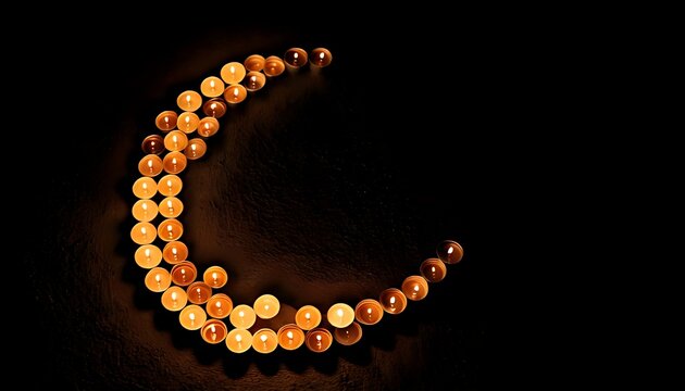 Crescent shape formed by spherical, light-brown objects on a dark, textured surface. Lighting highlights the form