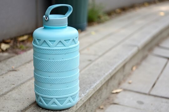 A blue water bottle with a handle sits on a concrete step