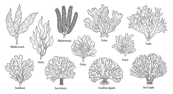 Seaweed and Algae Illustrations: Diverse Marine Plants Collection