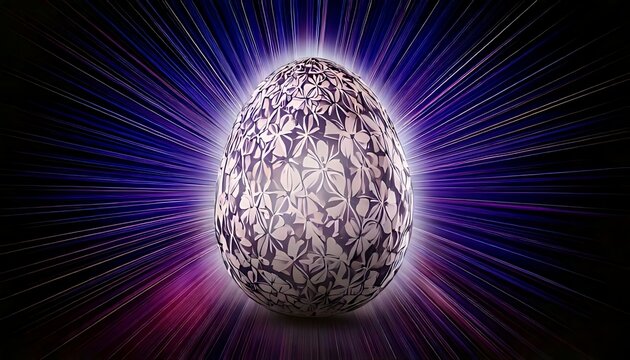 Digital rendering of an egg-shaped object with a floral pattern, radiating with purple and white beams against black