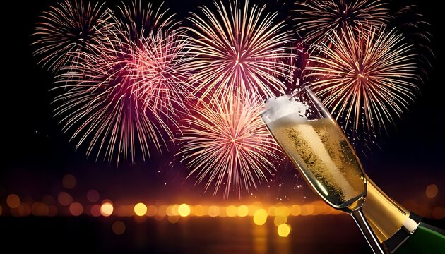 Festive image showing champagne pouring into a glass with fireworks exploding in a dark sky over city lights
