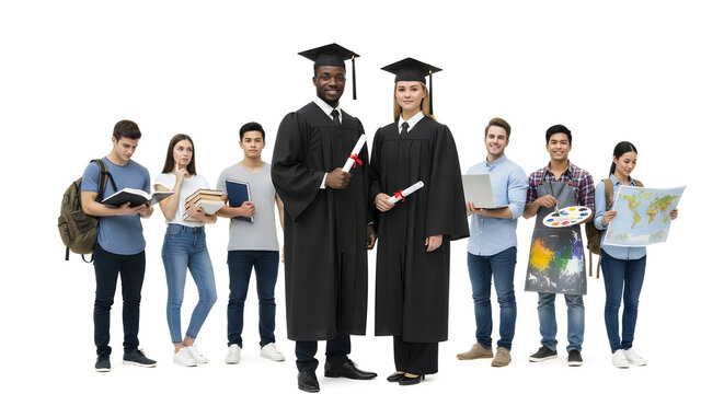 Diverse group of students and graduates standing against white background