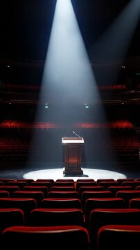 A Spotlight Illuminates the Podium in an Empty Theater, Highlighting the Anticipation of an Upcoming Performance or Speech in a Dramatically Lit Setting