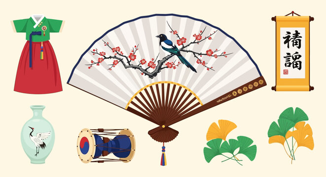 Traditional Korean Culture Elements: Hanbok, Fan, Drum, Vase, Scroll, Ginkgo