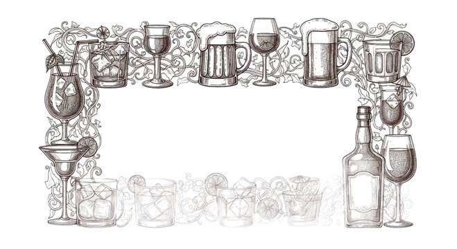 Bar, restaurant, alcohol, drink icons, frame border, wine glass, cocktail, beer mug