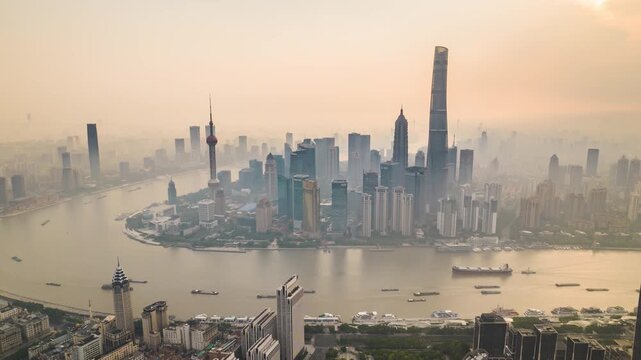 Aerial time-lapse of Lujiazui, Shanghai at sunrise