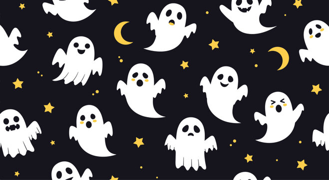 Spooky and cute seamless pattern of friendly white ghosts yellow moons and stars on a dark black background for Halloween decor.